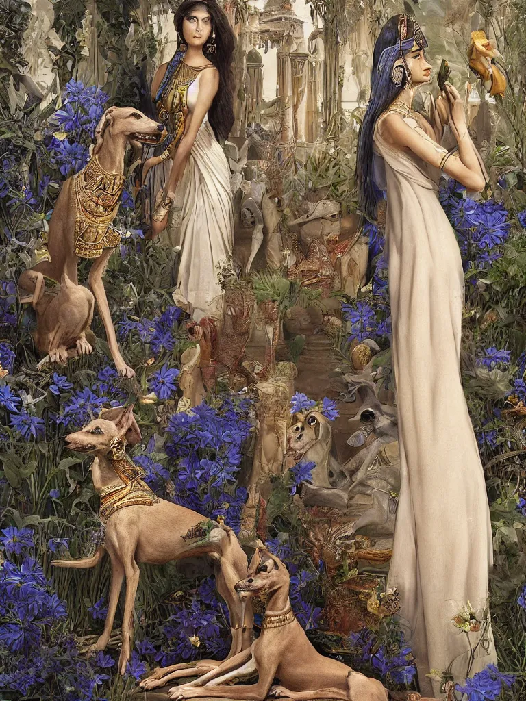 Prompt: portrait of a beautiful female ancient Egyptian goddess next to the god Anubis as a whippet, blue lotus flowers grow around them, by Alessio Albi, painted by Artgerm, by Marc Simonetti, by Ernst Haeckel