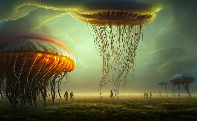 Prompt: detailed digital matte painting of an intricate gargantuan ancient sumerian jellyfish with thousands of tentacles flying over a field, by peter mohrbacher and emmanuel shiu and dan mumford, dusk, swirling accents, hyperdetailed, alien organic life, flowing tendrils, wide shot, volumetric lighting, cinematic angle, octane render, smooth, 8