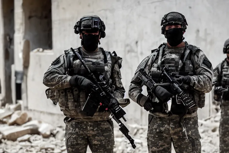 Prompt: Mercenary Special Forces soldiers in grey uniforms with black armored vest and black helmets in urban warfare in Syria 2022, Canon EOS R3, f/1.4, ISO 200, 1/160s, 8K, RAW, unedited, symmetrical balance, in-frame, combat photography