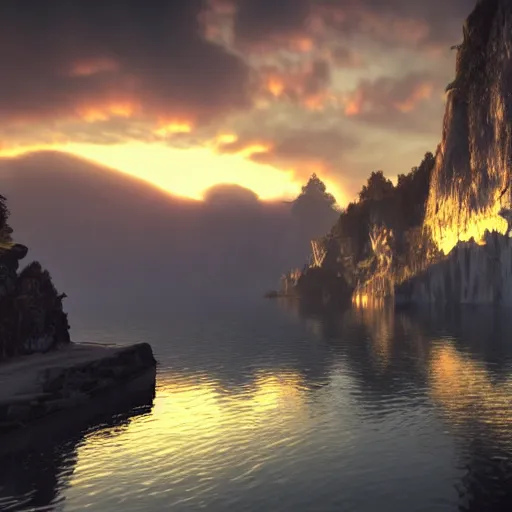 Prompt: a fishing village in a lake with cliffs covered with clouds, golden hour colors and light, epic perspective, wide angle lens, insane graphics unreal engine