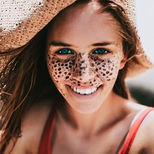 Image similar to a trending photo of over a million views from a female fashion model's instagram account, summer, freckles, smile, green eyes, natural, easygoing, healthy, nikon, leica, zeiss, 5 0 mm lens, flash fill, f 1. 8 depth of field