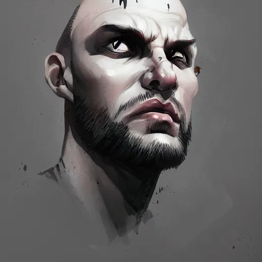 Image similar to bald man with large solid black eyes, black blood dripping from eyes, portrait, behance hd artstation, style of jesper ejsing