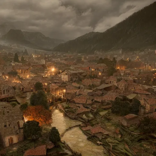 Prompt: the center of a poor medieval town under the rain at late dawn, in a valley, surrounded by mountains, highly detailed, octane render, hyper realistic, ultra detailed cinematic, 8 k, photorealistic, widescreen, hd, hyper realism
