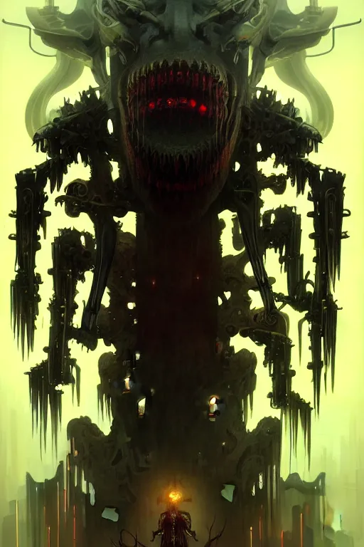 Prompt: dreamland of chinese, ghost, sharp, slender and densely arranged teeth, dystopian, cyberpunk, nanotech demonic monster, horror, mecha, ominous, flowing mucus, intricate, studio, art by anthony macbain + greg rutkowski + alphonse mucha, concept art, 4 k, sharp focus