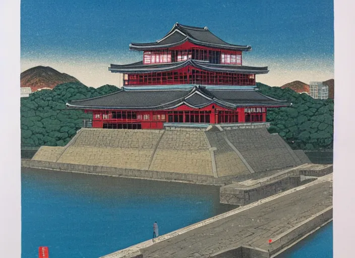 Image similar to vincent di fate's 1 9 8 0 cozy, simple painting of hiroshima castle in hiroshima. cyberpunk style.