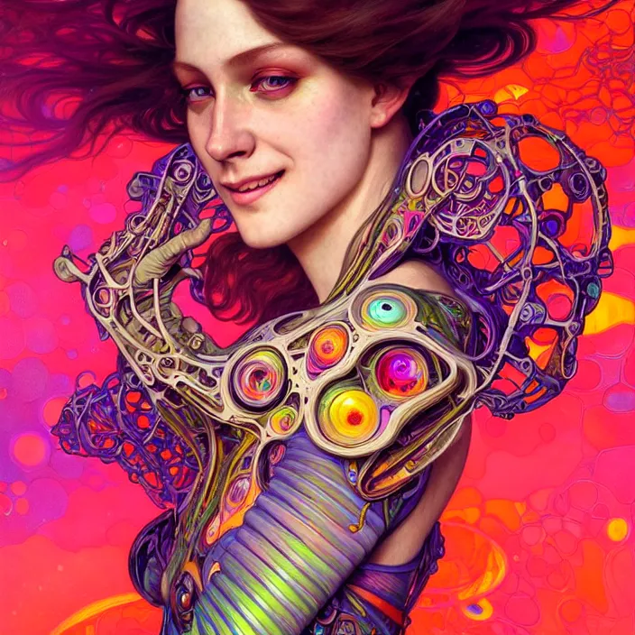 Image similar to bright psychedelic portrait of organic cyborg, wings, smiling, diffuse lighting, fantasy, intricate, elegant, highly detailed, lifelike, photorealistic, digital painting, artstation, illustration, concept art, smooth, sharp focus, art by John Collier and Albert Aublet and Krenz Cushart and Artem Demura and Alphonse Mucha