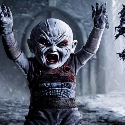 Prompt: screaming chucky doll as the night king on game of thrones octane render