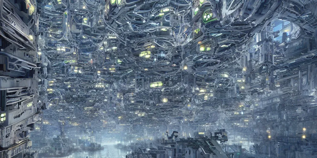 Image similar to organic generative design megastructures housing millions of robots in the style of ready player one