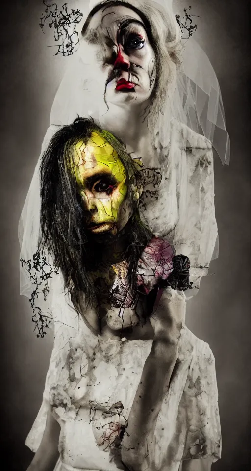 Prompt: Portrait of a Grotesque Bride, dramatic lighting, collage art, mixed media, hypermaximalist, photo realistic, 8k
