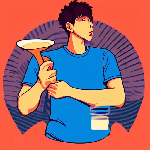 Image similar to a portait of young man holding a spoon while listening to music, logo, high detail, in a style of anime