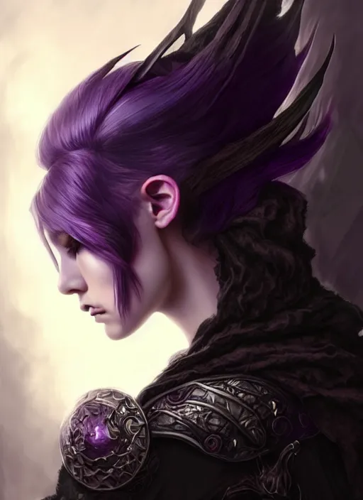 Image similar to side portrait dark witch, adventurer outfit large cloak, fantasy forest landscape, dragon scales, fantasy magic, undercut hairstyle, short purple black fade hair, dark light night, intricate, elegant, sharp focus, illustration, highly detailed, digital painting, concept art, matte, art by WLOP and Artgerm and Greg Rutkowski and Alphonse Mucha, masterpiece