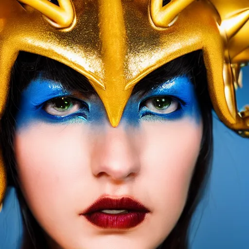 Image similar to close up headshot of a woman in elaborate blue and gold armor with spiked horns on her helmet, cosplay, photoshoot, photograph by Zhang Jingna