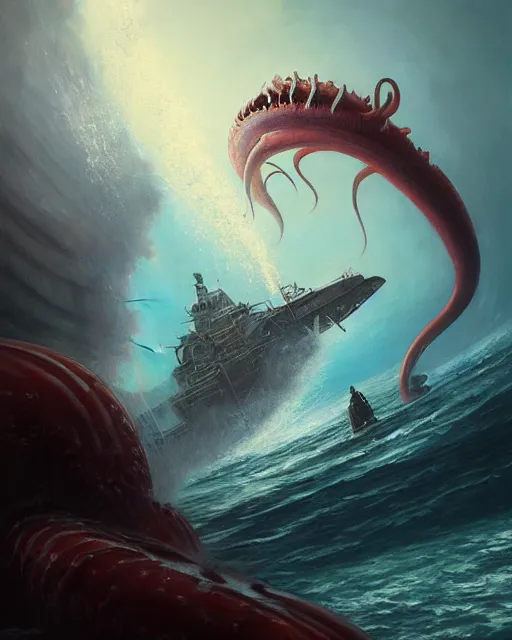 Image similar to a dream fantasy painting of a sub attacked by a giant squid, by beksinki, giger, greg rutkowski, carne griffith trending on artstation, deviantart, photorealism