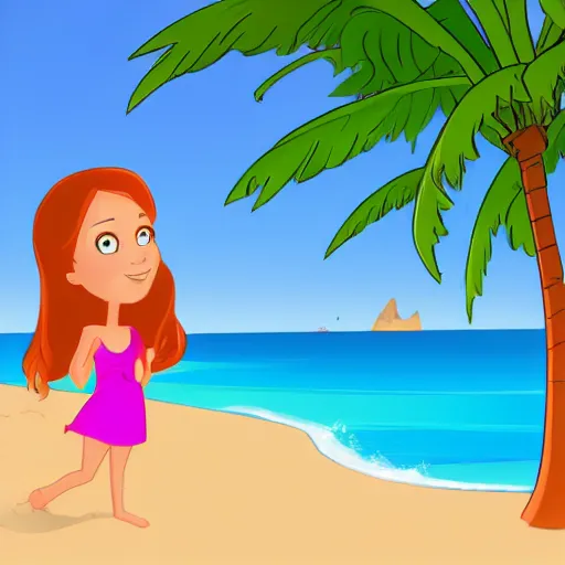 Image similar to a beautiful girl open a portal to the beach, cartoon style