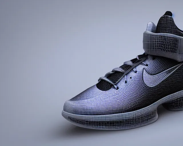 Prompt: 3D render of mid height nike sneakers with a new futuristic design, futuristic style, creative design, highly detailed, award winning, unreal engine 5, studio lighting, neon background