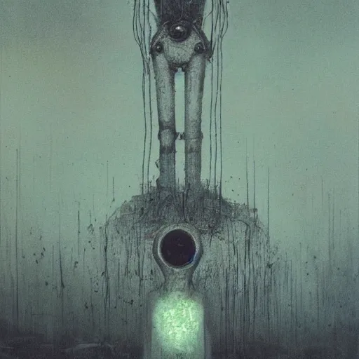 Prompt: robot ghost, glitch distortion, Unbearable Anxiety, by Stephen Gammell and Beksinski and Stalenhag.