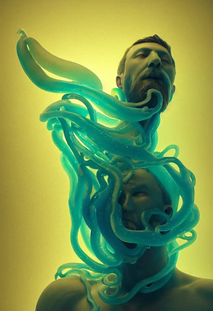 Image similar to subsurface scattering, poseidon made of soft wax, cgsociety, translucent, organic squid and ceramic art nouveau swirls, golden orbs, colored smoke, in the style of alberto seveso and ruan jia and beeple and giger, mystical colors, back light, rim light, dramatic lighting, 8 k, stunning scene, raytracing, octane render