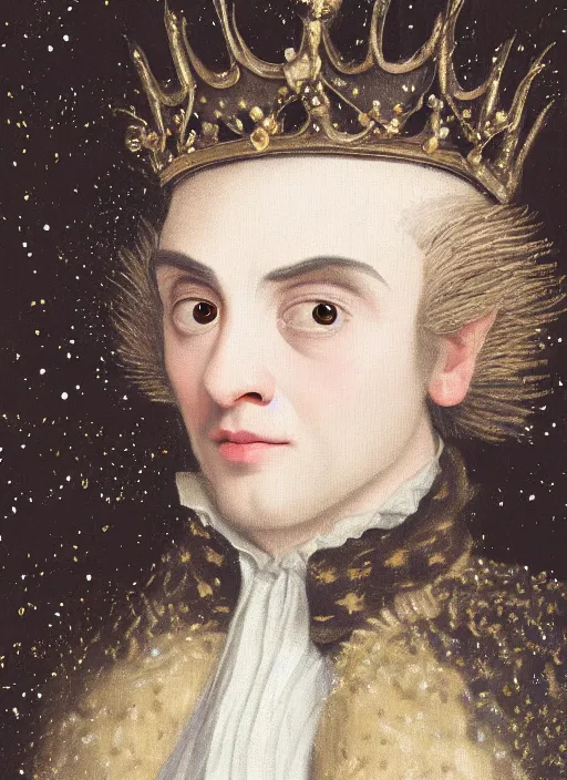 Image similar to close-up portrait of anthropomorphic owl Prince, man with a head of barn owl, glowing eyes, in a crown, soft glowing, wearing long royal robe, lilac, silver, black, bokeh, blurred space, stars, dreamy, romantic, painting in the museum, highly detailed, sharp focus, digital painting, artwork, by John James Audubon by Victor Adame Minguez by Yuumei by Tom Lovell by Sandro Botticelli