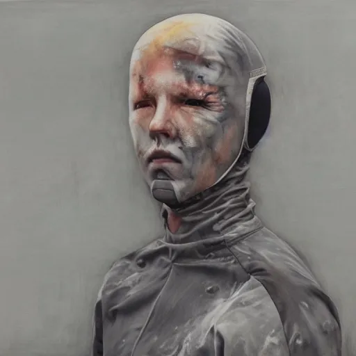 Image similar to man in spacesuit, dark, moody, foggy, made by Sean Yoro and Chie Yoshii, washed colors, high details, realistic