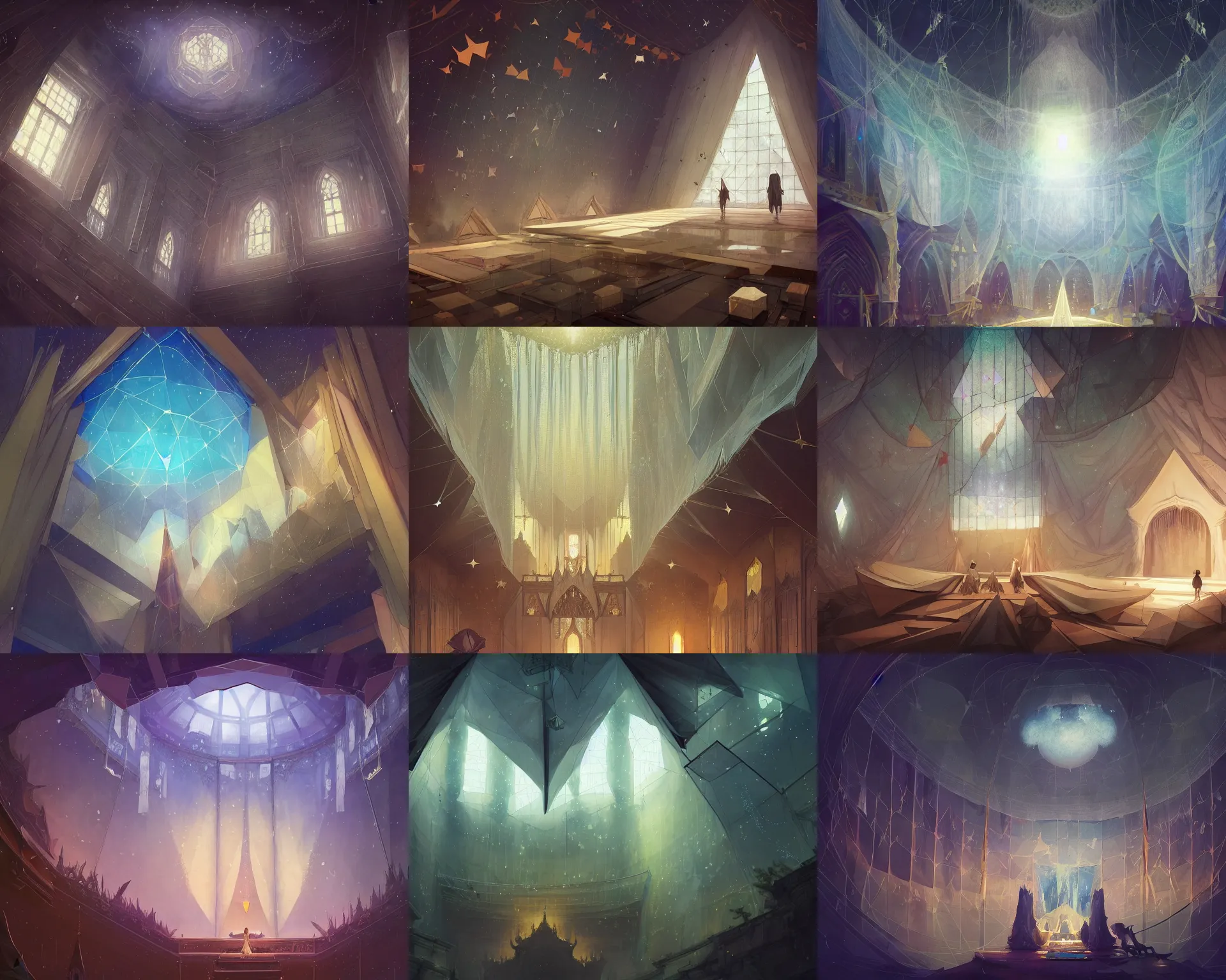 Prompt: polygonal sanctuary with giant walls and glass ceilings showing the stars and hanging silk drapery and tapestries, light dust, magnificent, close up, details, sharp focus, elegant, highly detailed, illustration, by Jordan Grimmer and greg rutkowski and PiNe(パイネ) and 薯子Imoko and 香川悠作 and wlop and maya takamura, intricate, beautiful, Trending artstation, pixiv, digital Art