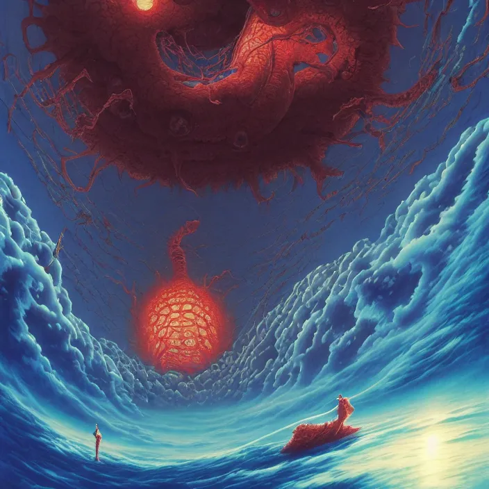 Image similar to Mayer Re-l, official anime key media, close up of Iwakura Lain, LSD Dream Emulator, paranoiascape ps1, official anime key media, painting by Vladimir Volegov, beksinski and dan mumford, giygas, technological rings, johfra bosschart, Leviathan awakening from Japan in a Radially Symmetric Alien Megastructure turbulent bismuth glitchart, Atmospheric Cinematic Environmental & Architectural Design Concept Art by Tom Bagshaw Jana Schirmer Jared Exposure to Cyannic Energy, Darksouls Concept art by Finnian Macmanus