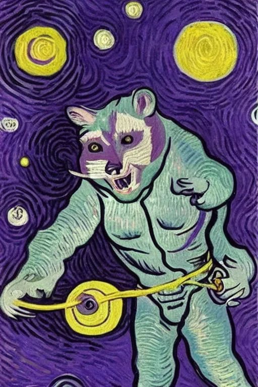 Prompt: selfie laughing purple space racoon by Vincent van Gogh