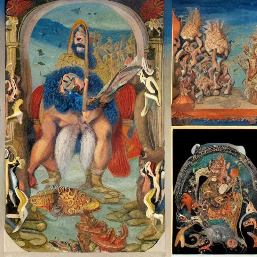Prompt: The collage shows a mythological scene. A large, bearded man is shown seated on a throne, surrounded by sea creatures. He has a trident in one hand and a shield in the other. Behind him is a large fish, and in front of him are two smaller creatures. lofi, cave painting by Beatrix Potter, by Henry Justice Ford geometric