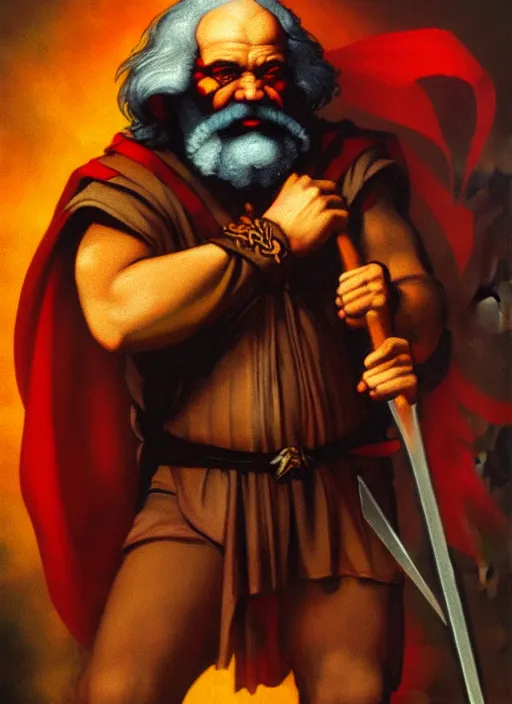 Image similar to dungeons and dragons artwork of karl marx as a barbarian with warpaint, floating eyes around and magic flows in the background, by leonardo da vinci, raphael and richard corben, trending on artstation, award winning art, d & d, 4 k, 8 k