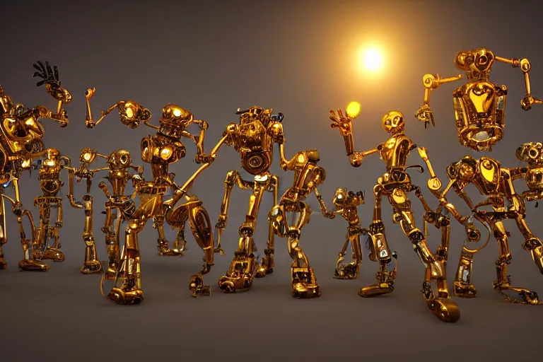 Image similar to a queue of 7 golden and blue metal humanoid steampunk robots dancing on a concert stage, robots are wearing and gears and tubes, eyes are glowing red lightbulbs, shiny crisp finish, 3 d render, 8 k, insaneley detailed, fluorescent colors, nightlight