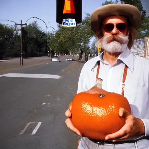 Prompt: hugh hopper with a handlebar moustache holding a great big orange and a diet pepsi sitting on a street corner