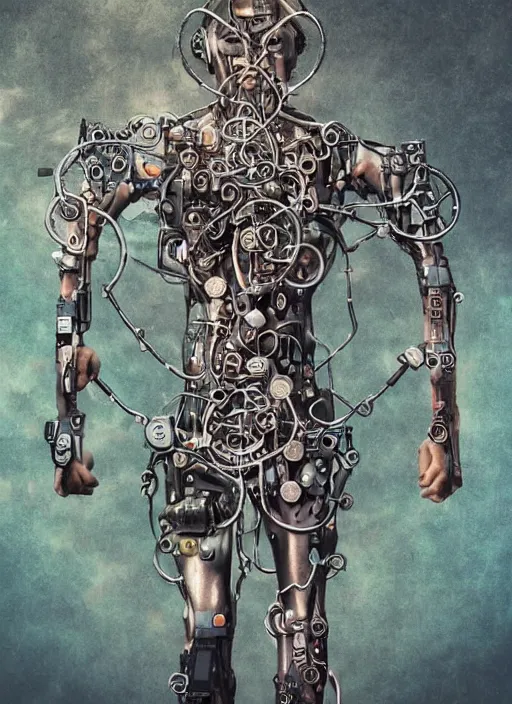 Image similar to a spiritually awakened cyborg wants to help humans free themselves from the chains of mental slavery and authoritarian politicians, surreal technological conceptual art magical cybernetic realism horror visions distopic and utopic art and the same time
