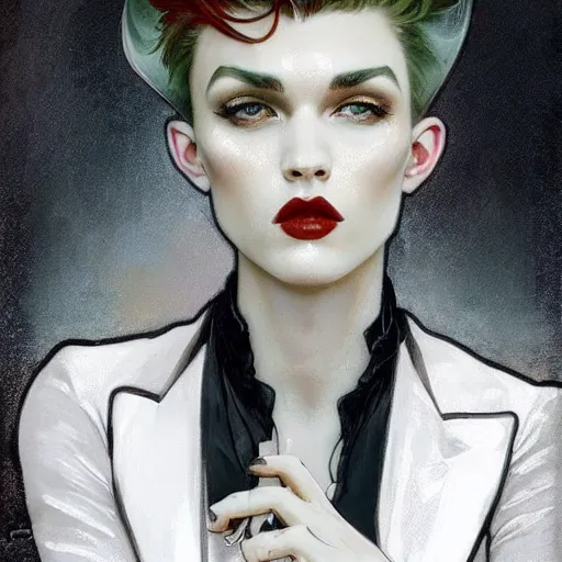 Image similar to beautiful portrait of androgynous ruby rose as desire from sandman in a white tuxedo!!!, rockabilly style, by alphonse mucha, cedric peyravernay, by jeremy mann, by frank moth, white suit and black tie, soft lightning, high detailed, 8 k