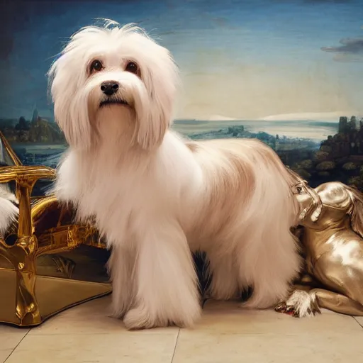 Image similar to a cream - colored havanese dog lying on top of a large plastic sequined horse, a renaissance painting in the background, photo by david lachapelle, behance, transgressive art, freakshow, official album art