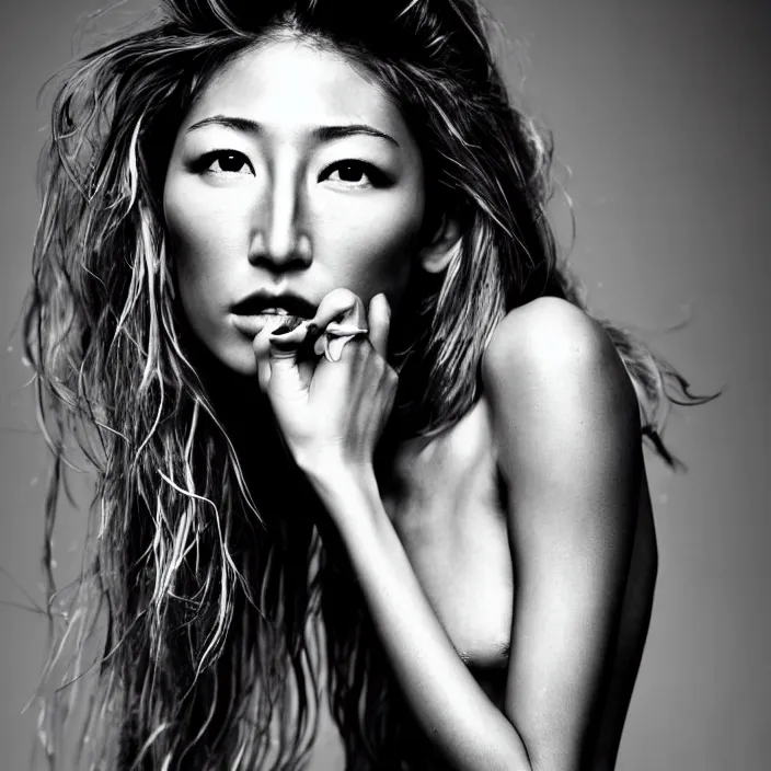 Image similar to young beautiful woman dichen lachman, gorgeous face, black and white photography, high fashion, full - body, 8 k,, ultra sharp focus, art by richard avedon, hellmut newton, victoria siemer, kirsty mitchell, laura zalenga