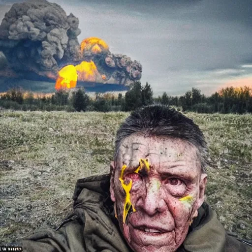 Image similar to selfie of the last surviving ukrainian, wild pain and damage to the body burns alive to the bone, painted in dirty yellow - blue colors, a huge nuclear explosion is approaching in the background