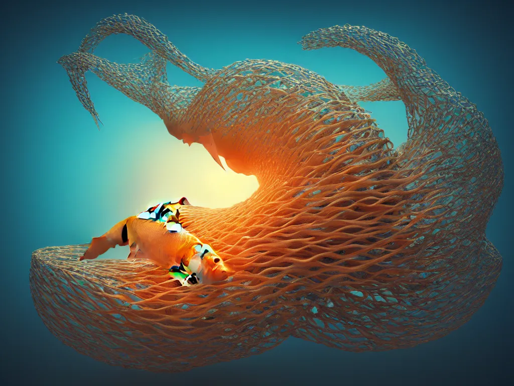 Prompt: a sculpture of fish ocean intertwined, diode lighting, a lovely cornucopia of flowers and human body parts, body parts, highly detailed, octane render, cinematic, sharp focus, clean, studio lighting, sunset, abstracto