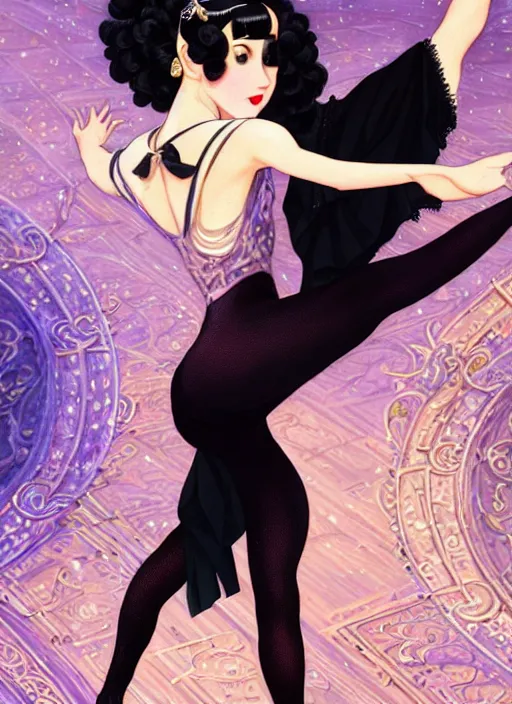 Image similar to a beautiful dancer with black hair in 1920's fashion, ballroom background, intricate, highly detailed, digital painting, artstation, official media, anime key visual, concept art, rich vivid colors, ambient lighting, sharp focus, illustration, art by Artgerm, Makoto Shinkai, Ilya Kuvshinov, Lois Van Baarle, and Rossdraws