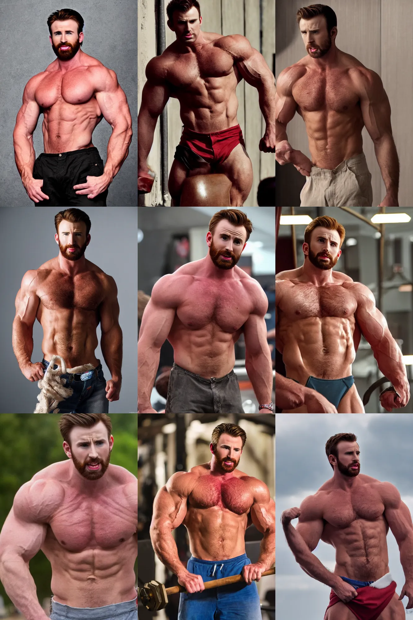 Prompt: chris evans as a bodybuilder, masculine, muscular, handsome, hairy torso, 4 k hd