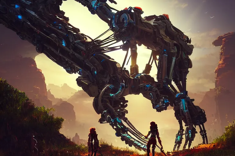 Image similar to longleg machine mecanical creature robot of horizon forbidden west horizon zero dawn radiating a glowing aura global illumination ray tracing hdr fanart arstation by ian pesty and alena aenami artworks in 4 k