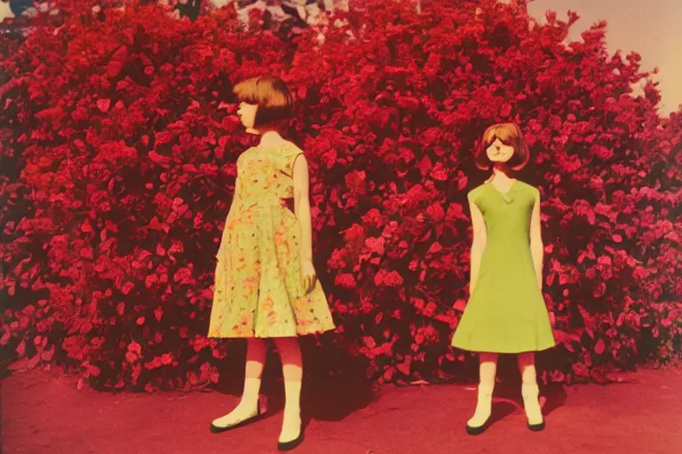 Image similar to giant flower head, girl standing, 1 9 6 0 s, surreal photography, symmetry, mid century, liminal space, bright colours, wes anderson