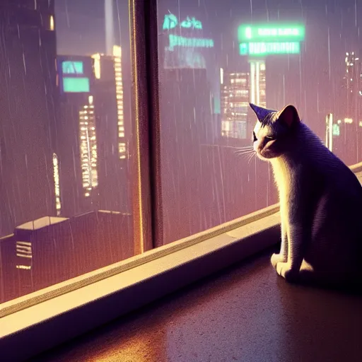 Prompt: A cat sitting on a Windows watching the view of a cyberpunk city, 24mm, 8k, octane render, beautiful, peaceful, cyberpunk, moody, raining, rain, super detailed, dof, volumetric lighting, rtx, raytracing, cyberpunk 2077.