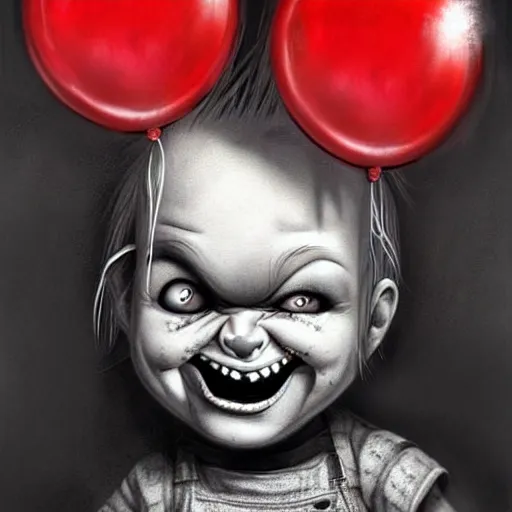 Prompt: surrealism grunge cartoon portrait sketch of chucky with a wide smile and a red balloon by - michael karcz, loony toons style, comic book style, horror theme, detailed, elegant, intricate