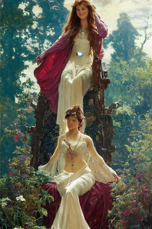 Prompt: young Jane Seymour sitting on a throne, fantasy, by Stanley Artgerm Lau, greg rutkowski, thomas kindkade, alphonse mucha, loish, norman Rockwell