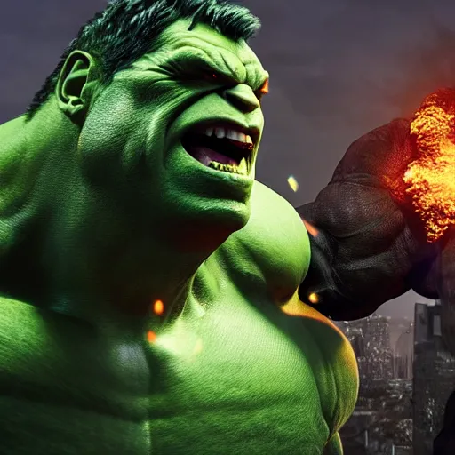 Image similar to 3 d photo of the hulk fighting godzilla, 3 d render, unreal engine, octane render, ray tracing, unity, highly detailed, high quality, hd, 4 k, 8 k, realistic, sharp, trending