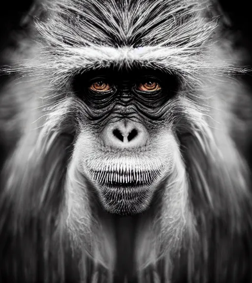 Prompt: Award winning Editorial photograph of Early-medieval Scandinavian Folk monkey with incredible hair and fierce hyper-detailed eyes by Lee Jeffries, 85mm ND 4, perfect lighting, wearing traditional garb, With huge sharp jagged Tusks and sharp horns, gelatin silver process