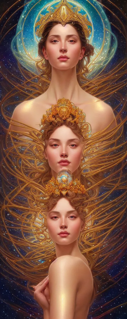 Prompt: perfectly detailed goddess of galaxies self portrait!! blessed by the universe with ever - increasing physical mental perfection, symmetrical! intricate, sensual features, highly detailed, universeral divine perfection!! digital painting, artstation, concept art, smooth, sharp focus, illustration, art by artgerm and greg rutkowski and alphonse mucha