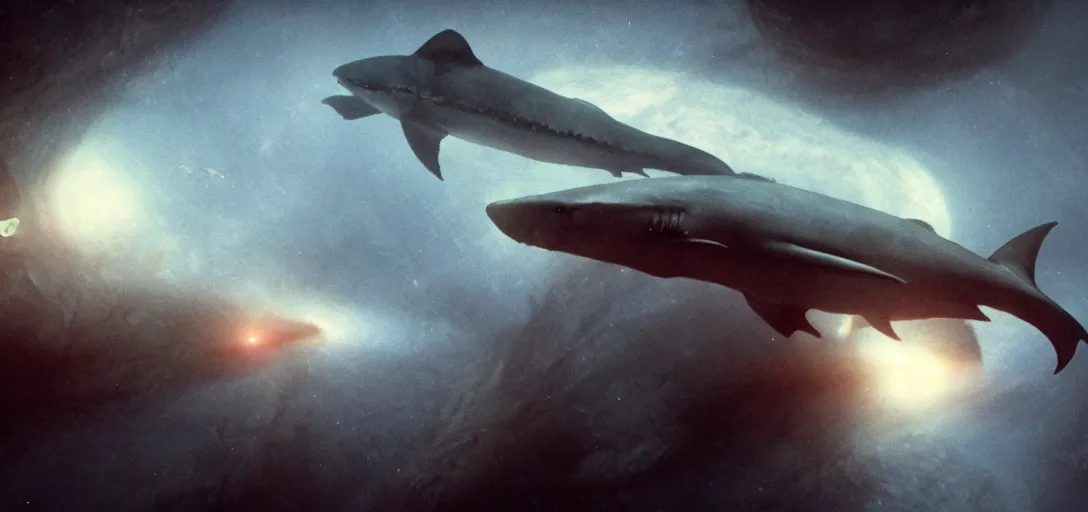 Image similar to a robotic ghost shark flying over jupiter, foggy, cinematic shot, photo still from movie by denis villeneuve, wayne barlowe