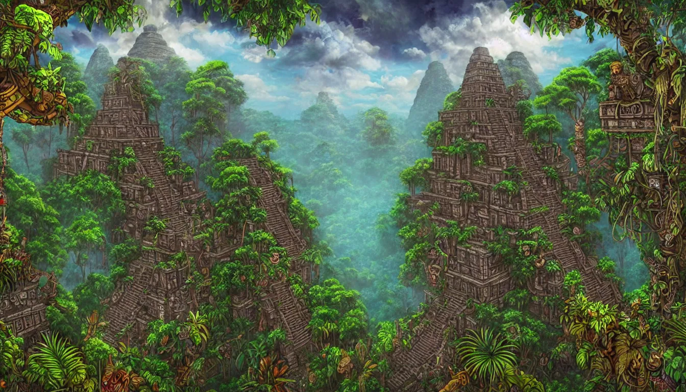 Image similar to way up the tower to the majestic ancient mayan temple jungle forest realm in the clouds , side-scrolling 2d platformer game level, swirling clouds, fantasy jungle vegetation, totem ruins with intricate mayan glyphs, dramatic dusk sun illuminates areas, volumetric light , detailed carved ornaments, rich color, upscale , 8k