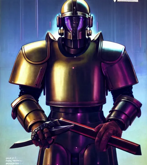 Image similar to a large cyberpunk paladin in rounded heavy plate armor with large shoulder pads and a spartan helmet and a very large shield he is holding a large axe in a cyberpunk setting, 1 9 3 9 omni magazine cover, style by vincent di fate, artgerm, cyberpunk 2 0 7 7, very coherent, detailed, 8 k resolution, unreal engine, daz