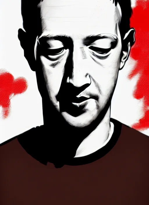 Image similar to highly detailed closeup portrait of mark zuckerberg, mudoken, by atey ghailan, by greg rutkowski, by greg tocchini, by james gilleard, by joe fenton, by kaethe butcher, gradient red, black, brown and white color scheme, grunge aesthetic!!! white graffiti tag wall background
